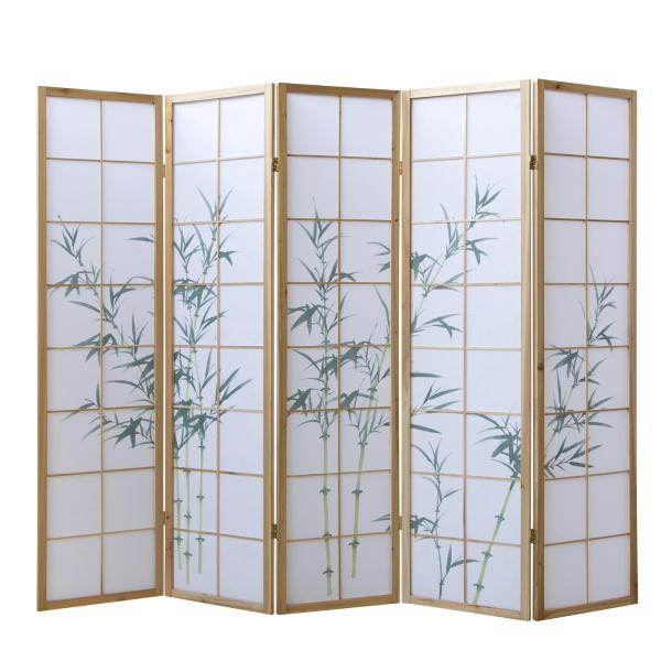 5 fach Holz Paravent Raumteiler 8236 natur Bambusmuster