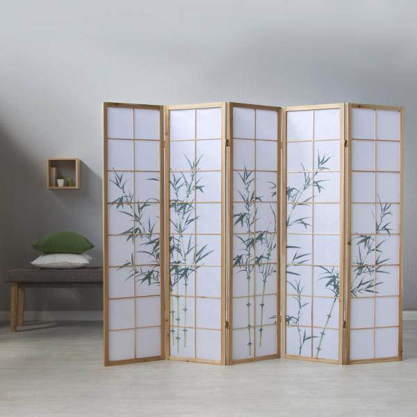 5 fach Holz Paravent Raumteiler 8236 natur Bambusmuster