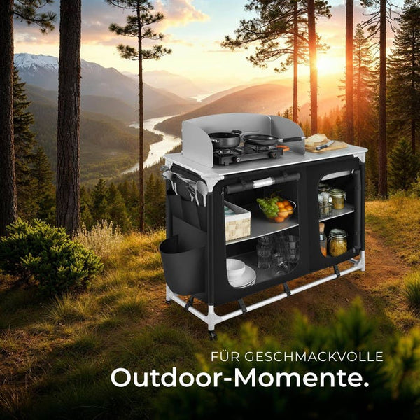 Luxury camping kitchen with 4 compartments, black
