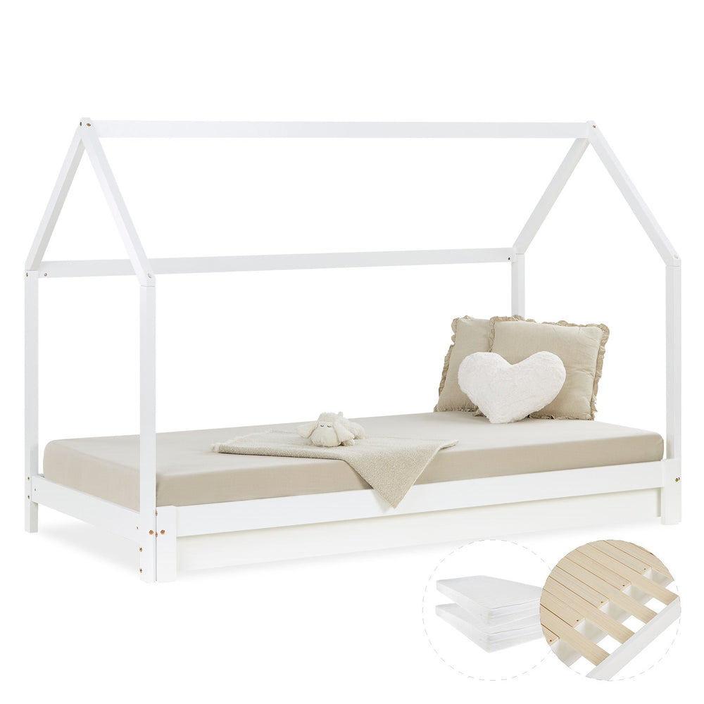Hausbett 90x200 cm Weiss | Funktionsbett ausziehbar zum Doppelbett | mit Lattenrost | mit Matratzen
