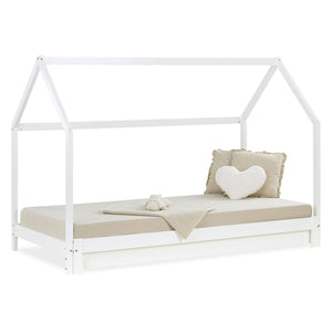 Hausbett 90x200 cm Weiss | Funktionsbett ausziehbar zum Doppelbett | mit Lattenrost | mit Matratzen