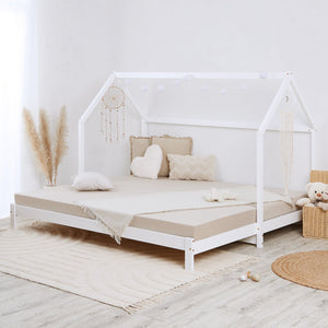 Hausbett 90x200 cm Weiss | Funktionsbett ausziehbar zum Doppelbett | mit Lattenrost | mit Matratzen