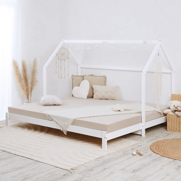 Hausbett 90x200 cm Weiss | Funktionsbett ausziehbar zum Doppelbett | mit Lattenrost | mit Matratzen
