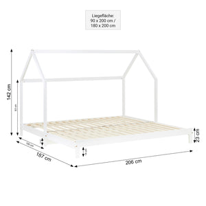 Hausbett 90x200 cm Weiss | Funktionsbett ausziehbar zum Doppelbett | mit Lattenrost | mit Matratzen