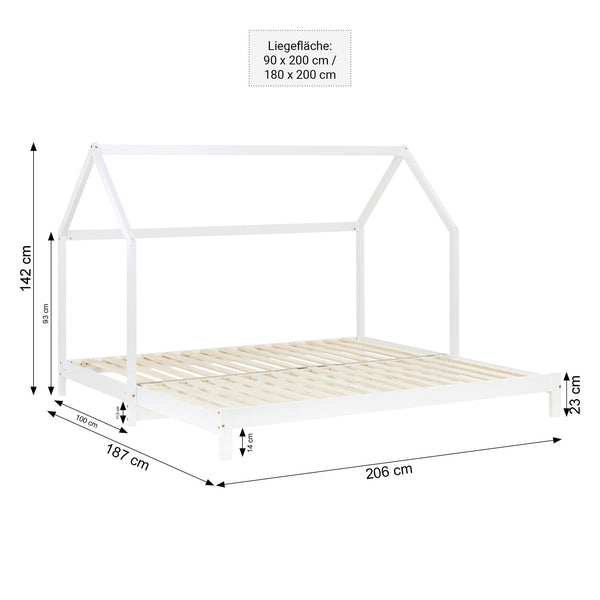 Hausbett 90x200 cm Weiss | Funktionsbett ausziehbar zum Doppelbett | mit Lattenrost | mit Matratzen