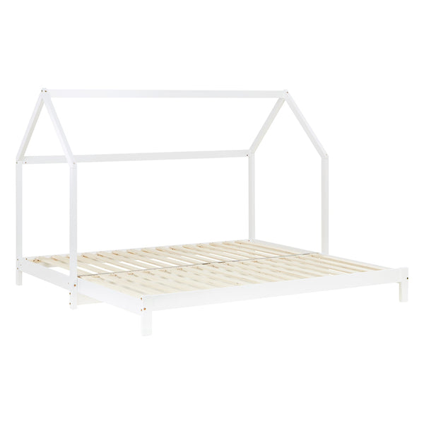 Hausbett 90x200 cm Weiss | Funktionsbett ausziehbar zum Doppelbett | mit Lattenrost | mit Matratzen