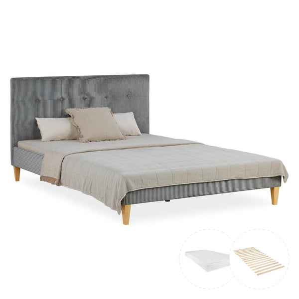 Polsterbett 140x200 cm Grau Cord | mit Lattenrost | mit Matratze | Doppelbett Stoffbett