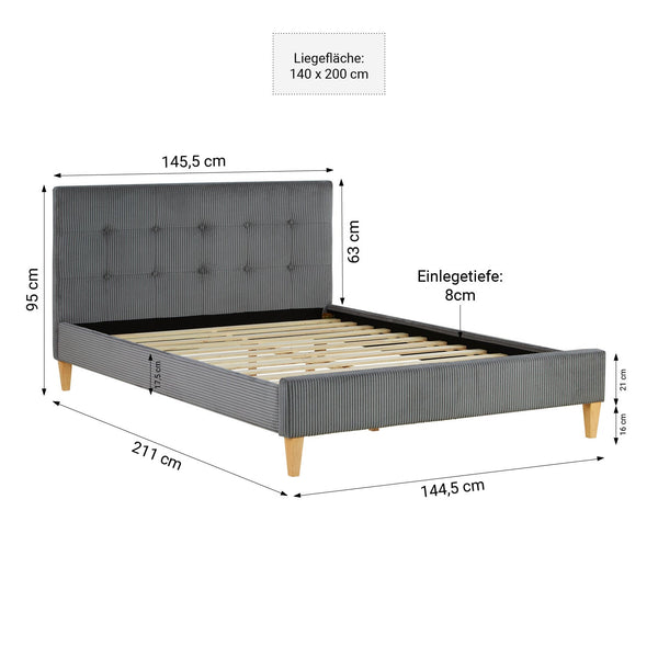 Polsterbett 140x200 cm Grau Cord | mit Lattenrost | mit Matratze | Doppelbett Stoffbett