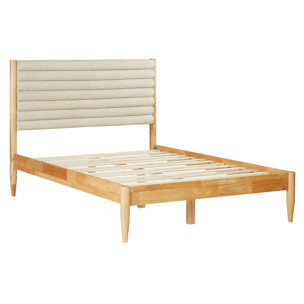 Holzbett mit Polsterkopfteil 140x200 cm Eiche Beige Bouclé | mit Lattenrost | mit Matratze