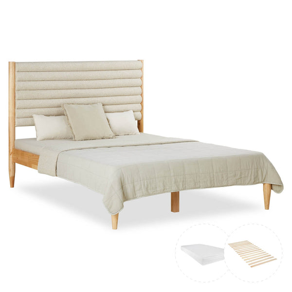 Holzbett mit Polsterkopfteil 140x200 cm Eiche Beige Bouclé | mit Lattenrost | mit Matratze