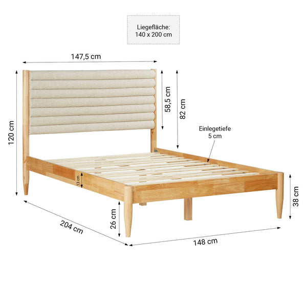 Holzbett mit Polsterkopfteil 140x200 cm Eiche Beige Bouclé | mit Lattenrost | mit Matratze
