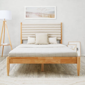 Holzbett mit Polsterkopfteil 140x200 cm Eiche Beige Bouclé | mit Lattenrost | mit Matratze