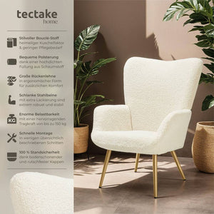 Sessel Hygge gepolstert, ergonomisch, Belastbarkeit 150 kg Bouclé creme/gold ohne Hocker