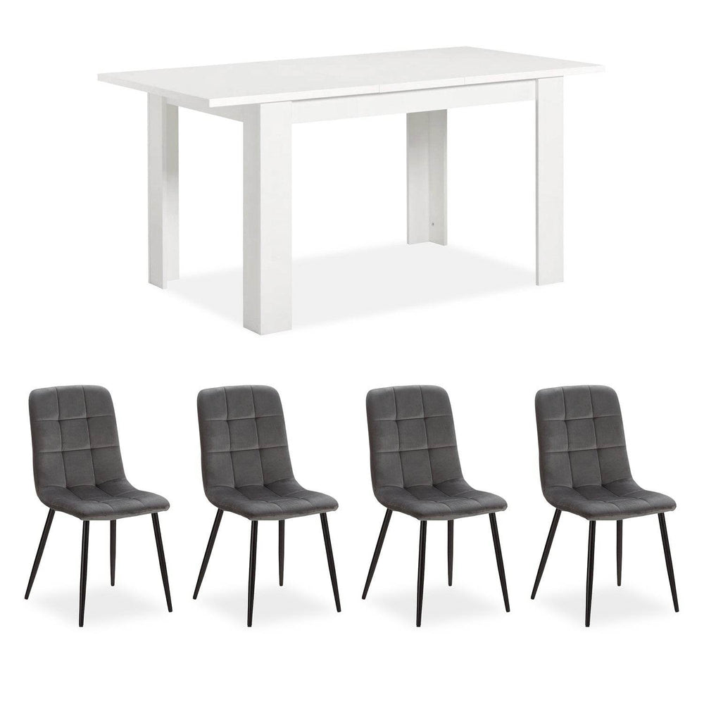 Esstisch mit 4 Stühlen Set Essgruppe Samt Grau Holz Weiss 120x80 cm Massiv