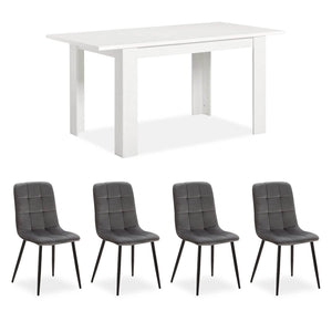Esstisch mit 4 Stühlen Set Essgruppe Samt Grau Holz Weiss 120x80 cm Massiv