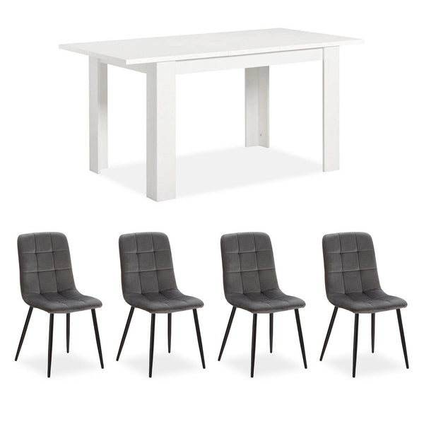 Esstisch mit 4 Stühlen Set Essgruppe Samt Grau Holz Weiss 120x80 cm Massiv