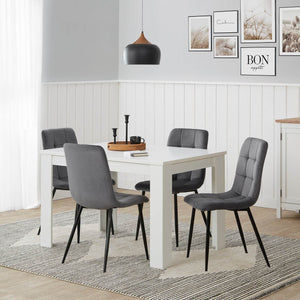 Esstisch mit 4 Stühlen Set Essgruppe Samt Grau Holz Weiss 120x80 cm Massiv
