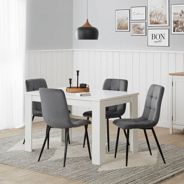 Esstisch mit 4 Stühlen Set Essgruppe Samt Grau Holz Weiss 120x80 cm Massiv
