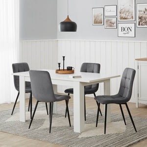 Esstisch mit 4 Stühlen Set Essgruppe Samt Grau Holz Weiss 120x80 cm Massiv
