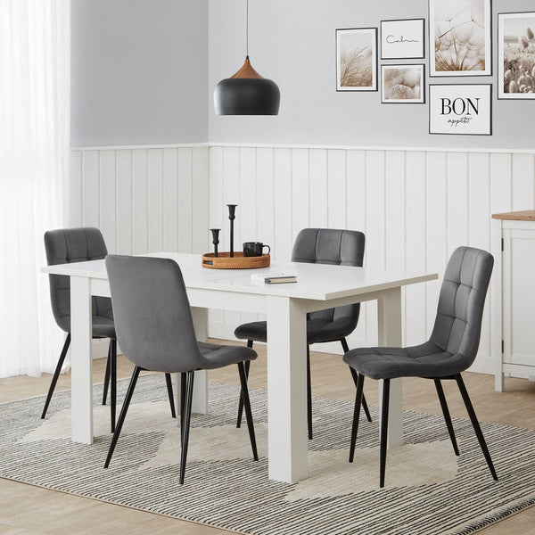 Esstisch mit 4 Stühlen Set Essgruppe Samt Grau Holz Weiss 120x80 cm Massiv