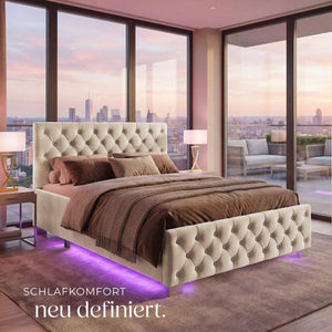 Bettset Polsterbett mit LED und Matratze Samtoptik sand 140 x 200 cm