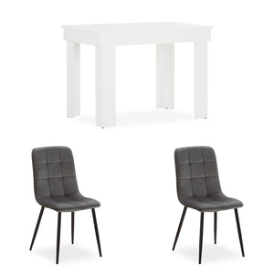 Essgruppe | 2er-Set Polsterstühle Grau Samt ohne Armlehne | Esstisch Weiss 90 x 60 cm