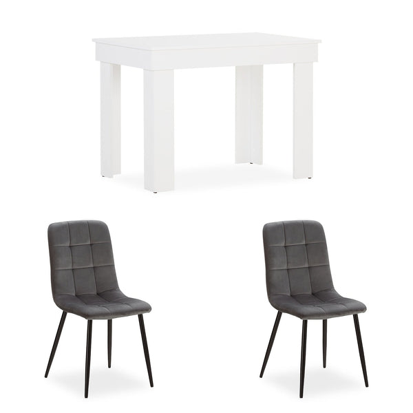 Essgruppe | 2er-Set Polsterstühle Grau Samt ohne Armlehne | Esstisch Weiss 90 x 60 cm