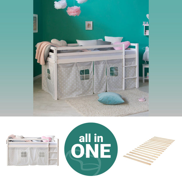 Hochbett Kinder 90x200 cm Weiss mit Vorhang Sterne | mit Lattenrost