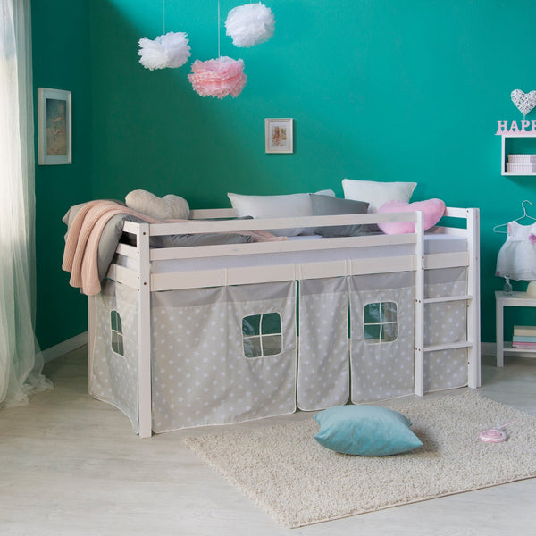 Hochbett Kinder 90x200 cm Weiss mit Vorhang Sterne | mit Lattenrost