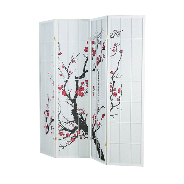 Paravent Raumteiler 4 teilig, Holz Reispapier Weiss, Kirschmuster, Höhe 179 cm
