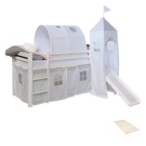 Hochbett Kinder 90x200 cm Weiss mit Vorhang Sterne | Tunnel | Turm | Rutsche | mit Lattenrost