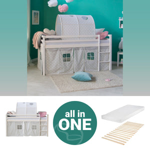 Hochbett mit Matratze 90x200 cm Weiss Tunnel Vorhang grau Sterne Lattenrost