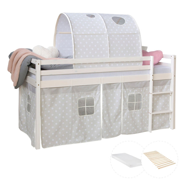 Hochbett mit Matratze 90x200 cm Weiss Tunnel Vorhang grau Sterne Lattenrost