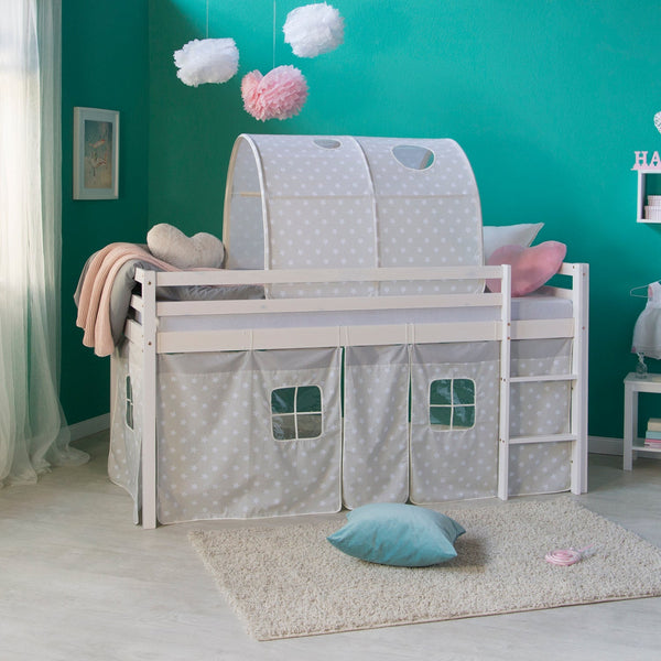 Hochbett mit Matratze 90x200 cm Weiss Tunnel Vorhang grau Sterne Lattenrost