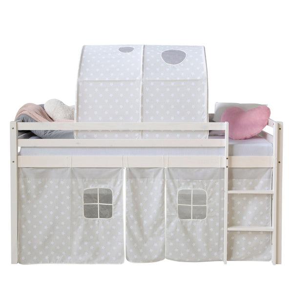 Hochbett mit Matratze 90x200 cm Weiss Tunnel Vorhang grau Sterne Lattenrost