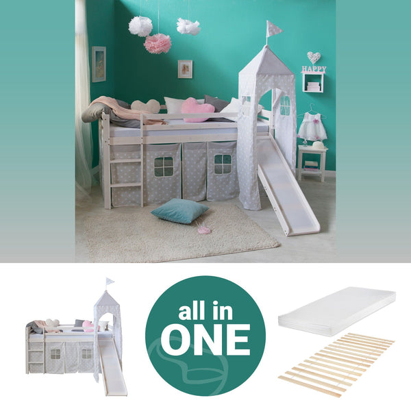 Hochbett mit Matratze 90x200 Turm Rutsche Stockbett Weiss Vorhang grau Sterne Lattenrost