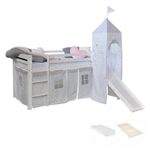 Hochbett mit Matratze 90x200 Turm Rutsche Stockbett Weiss Vorhang grau Sterne Lattenrost
