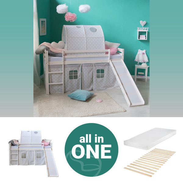 Hochbett mit Matratze 90x200 Rutsche Weiss Vorhang Tunnel Sterne grau Lattenrost