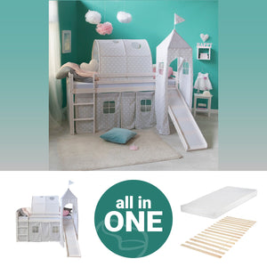 Hochbett mit Matratze 90x200 Turm Tunnel Rutsche Weiss Vorhang Sterne grau Lattenrost