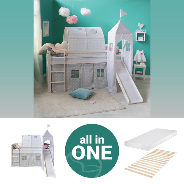 Hochbett mit Matratze 90x200 Turm Tunnel Rutsche Weiss Vorhang Sterne grau Lattenrost