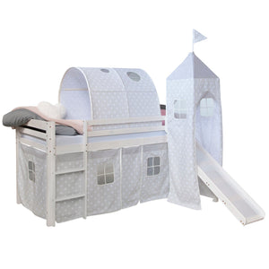 Hochbett mit Matratze 90x200 Turm Tunnel Rutsche Weiss Vorhang Sterne grau Lattenrost