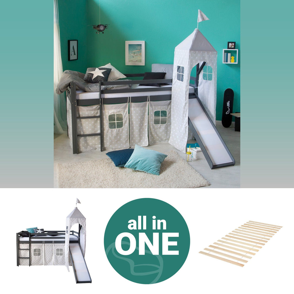 Hochbett Kinder 90x200 cm Grau mit Vorhang Sterne | Turm | Rutsche | mit Lattenrost
