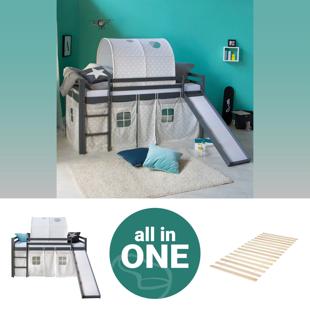 Hochbett Kinder 90x200 cm Grau mit Vorhang Sterne | Tunnel | Rutsche | mit Lattenrost
