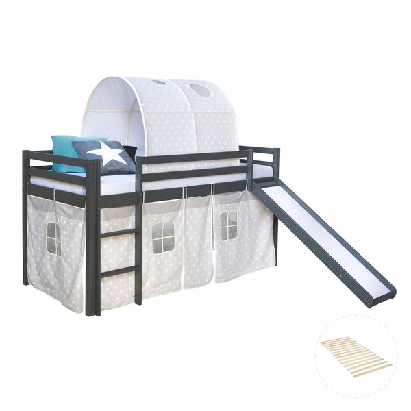 Hochbett Kinder 90x200 cm Grau mit Vorhang Sterne | Tunnel | Rutsche | mit Lattenrost