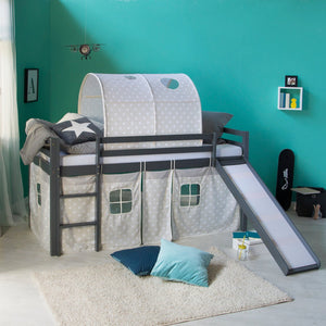 Hochbett Kinder 90x200 cm Grau mit Vorhang Sterne | Tunnel | Rutsche | mit Lattenrost