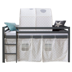 Hochbett mit Matratze 90x200 cm Grau Tunnel Vorhang Sterne Lattenrost