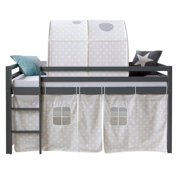 Hochbett mit Matratze 90x200 cm Grau Tunnel Vorhang Sterne Lattenrost