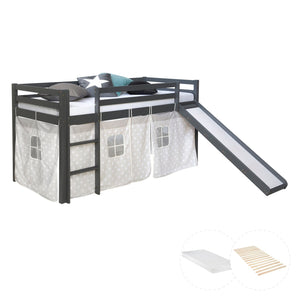 Hochbett mit Matratze 90x200 Rutsche Grau Vorhang Sterne Lattenrost