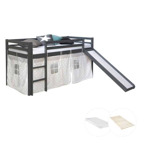 Hochbett mit Matratze 90x200 Rutsche Grau Vorhang Sterne Lattenrost