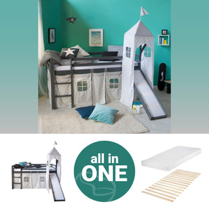 Hochbett mit Matratze 90x200 Turm Rutsche Grau Vorhang Sterne Lattenrost